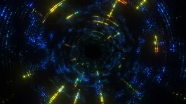 Soyut noktalı teknoloji dijital tünelinden geçin. Çember şeklinde. Parlak döngülü hareket arkaplanı