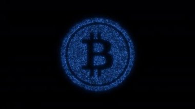Yanıp sönen parçacıklardan dönen Bitcoin işareti. Kripto para birimi, sanal para parlayan sembol