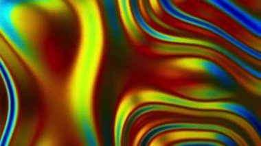 Geleceğin yanardöner holografik dalgaları. Metalik folyo hareket ediyor. Neon renkleri dalgalı yüzey