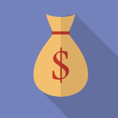Dolar işareti simgesiyle para çantası. Uzun bir gölge ile modern düz stil
