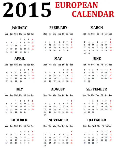 Calendario europeo simple para 2015 . — Vector de stock