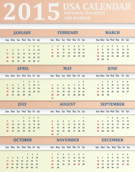 Calendario de Estados Unidos para 2015. Las fiestas americanas están marcadas — Vector de stock