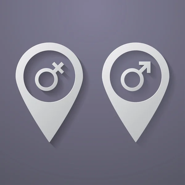 Ícone de ponteiro de mapa com símbolos masculinos e femininos —  Vetores de Stock