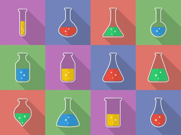 Equipos de laboratorio de ciencias químicas y biológicas: tubos de ensayo e iconos de matraces — Vector de stock