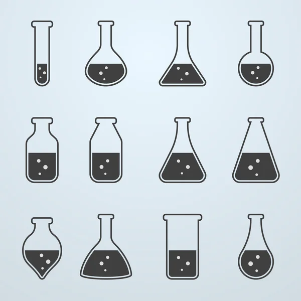 Equipos de laboratorio de ciencias químicas y biológicas: tubos de ensayo e iconos de matraces — Archivo Imágenes Vectoriales