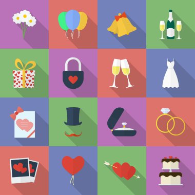 Düğün simgeler kümesi. Düz stil