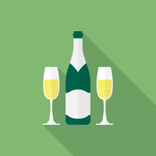 Şişe şampanya ve bardak şampanya. Düz stil ikonu