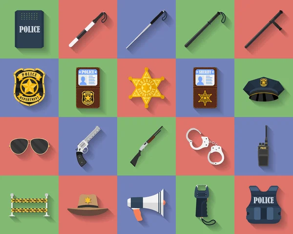 Icono conjunto de regimientos de policía, uniforme, armas, accesorios. Estilo plano — Vector de stock