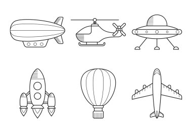 Simge aero araç seti. Helikopter uçak Ufo zeplin aerostat roket. Çizgi stili