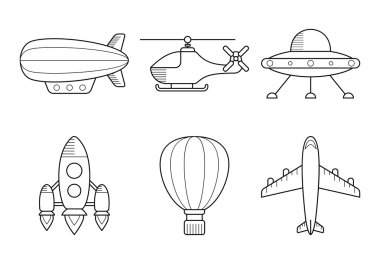 Icon set of aero vehicles. Helicopter plane UFO dirigible aerostat rocket. Line Style clipart