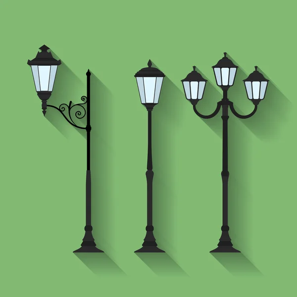 Icon set of three streetlights or lanterns. Flat style — Stock Vector