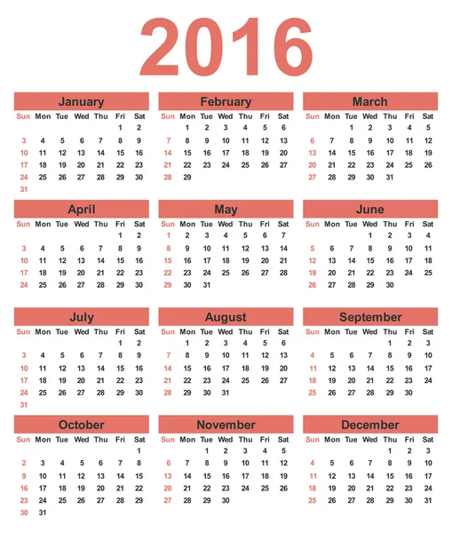 Calendario simple 2016. La semana comienza el domingo — Vector de stock