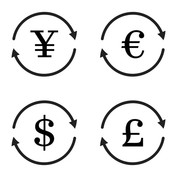 Finanças conjunto de ícones de vetor de câmbio. Yuan, dólar, euro, libra esterlina troca de moeda — Vetor de Stock