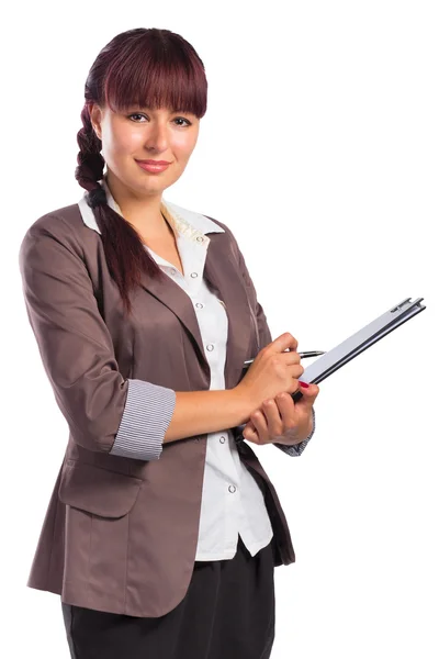 Portrait of smiling business woman with clipboard — Stock Photo, Image