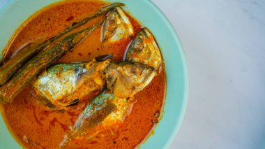 Hindistan cevizi sütüyle pişirilmiş lezzetli ev yapımı uskumru balığı körisi. Kuzey Malezya 'da çok popüler yemekler.