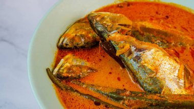 Hindistan cevizi sütüyle pişirilmiş lezzetli ev yapımı uskumru balığı körisi. Kuzey Malezya 'da çok popüler yemekler.