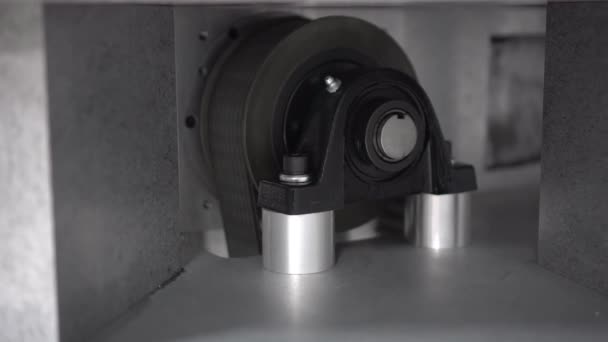 Close Belt Pulley Rotating Mechanical System While Turning Motion Power — Stock Video