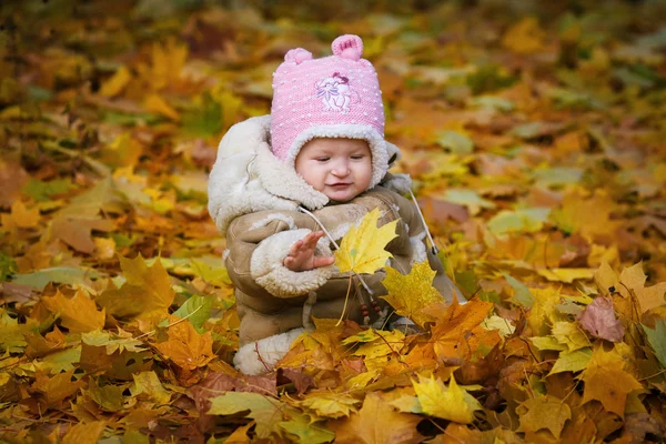 Sarı yapraklar çocuk oturur — Stok fotoğraf