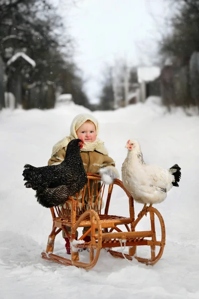 The girl with the hens — Stock Photo, Image