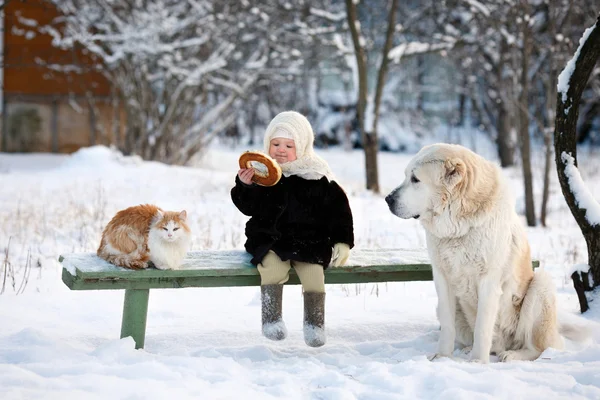 Byn flicka med hund och katt Royaltyfria Stockbilder