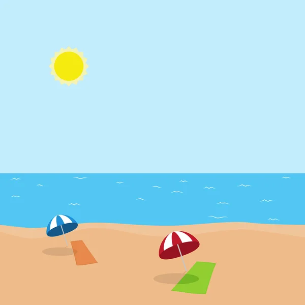 Vector illustration of vacation at sea on beach with towel and umbrella