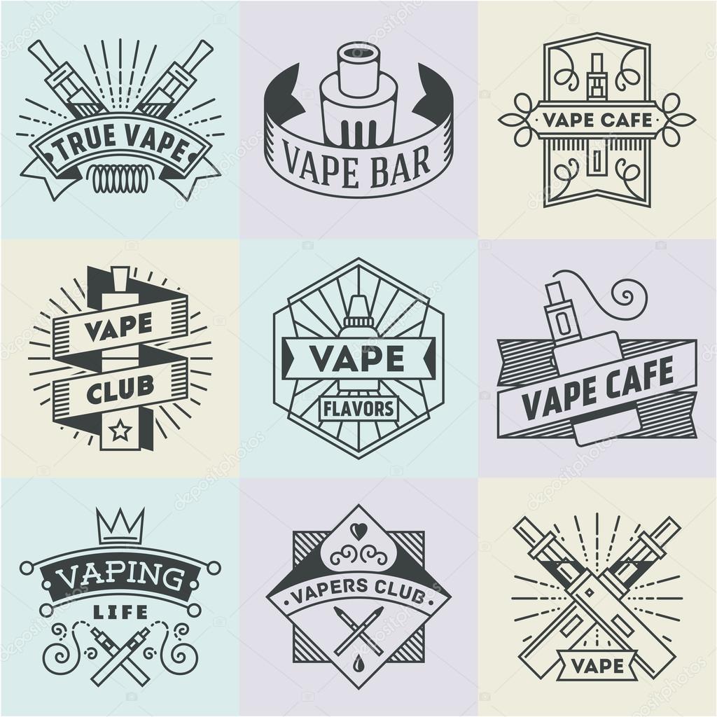 Vape Logotypes Set. thin Line Art Vector Vintage Style Elements. Elegant Geometric Shiny Frames.