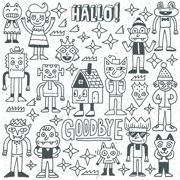 Personajes raros divertidos de Doodle — Vector de stock