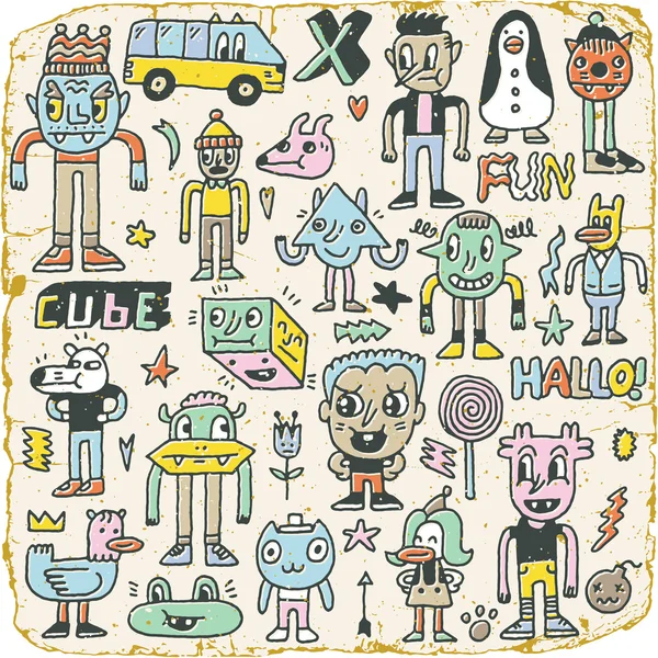 Personajes raros divertidos de Doodle — Vector de stock