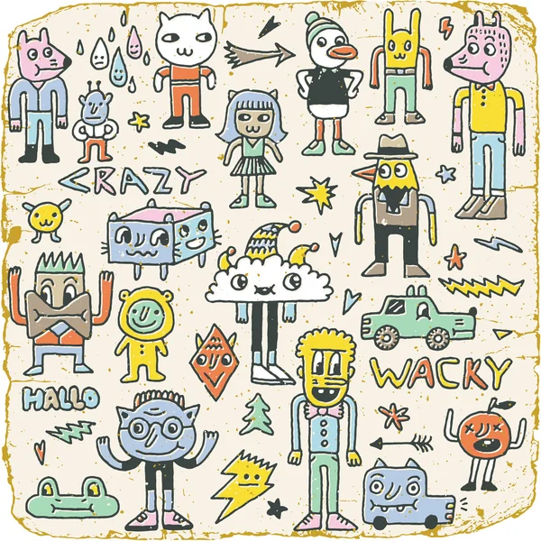 Personajes raros divertidos de Doodle — Vector de stock