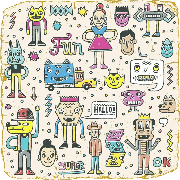 Personajes raros divertidos de Doodle — Vector de stock