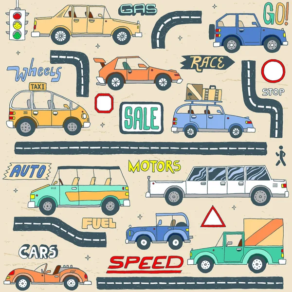 Doodle coches de color conjunto . — Archivo Imágenes Vectoriales