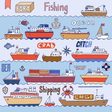 Ships in port doodle set.