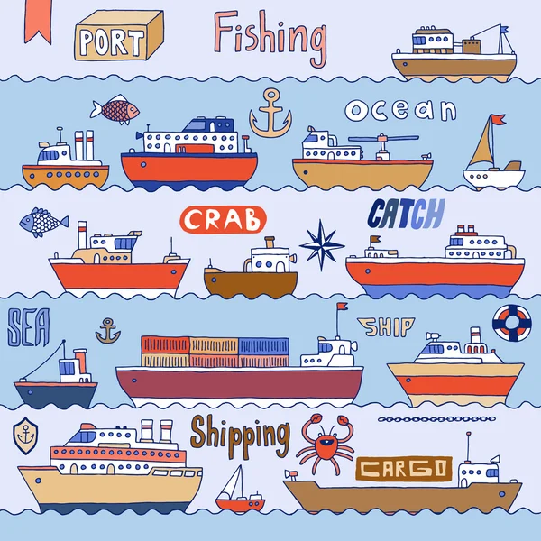 Ships in port doodle set. — Stock Vector