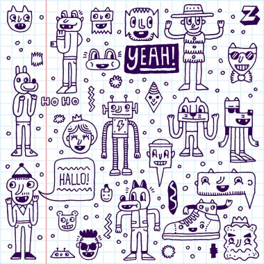 Karikatür komik tuhaf doodle seti