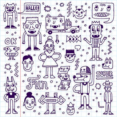 Karikatür komik tuhaf doodle seti