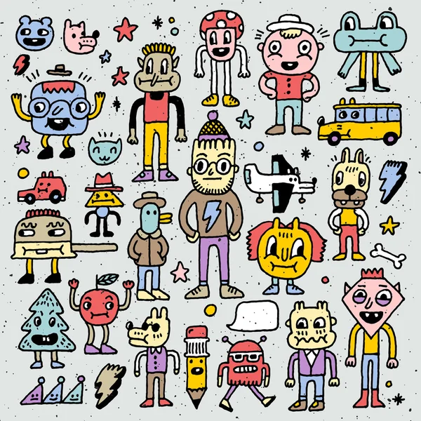 Dibujos animados loco doodle colorido conjunto  . — Vector de stock