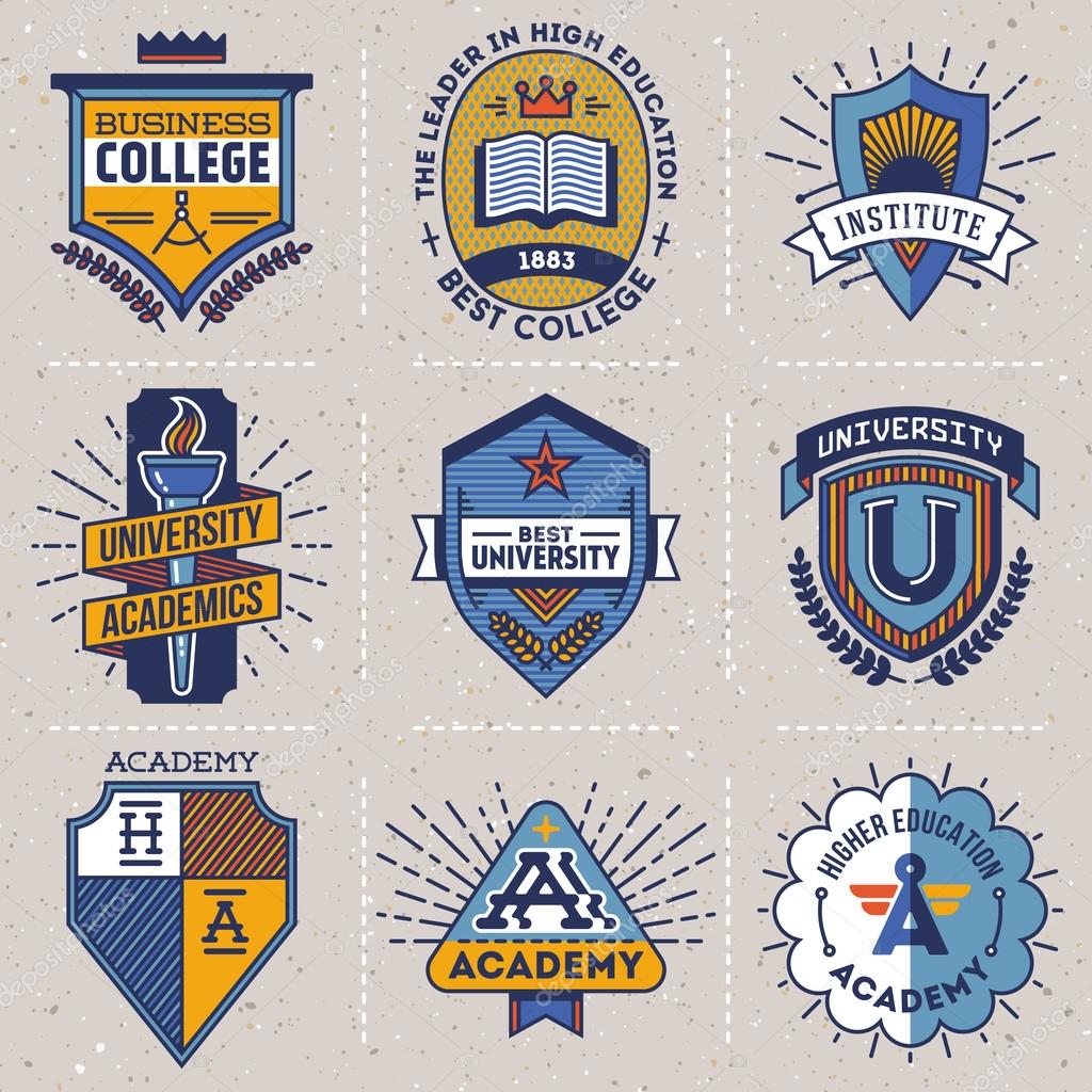 Color retro design insignias high education logotypes set . Vector vintage elements. Cardboard texture.