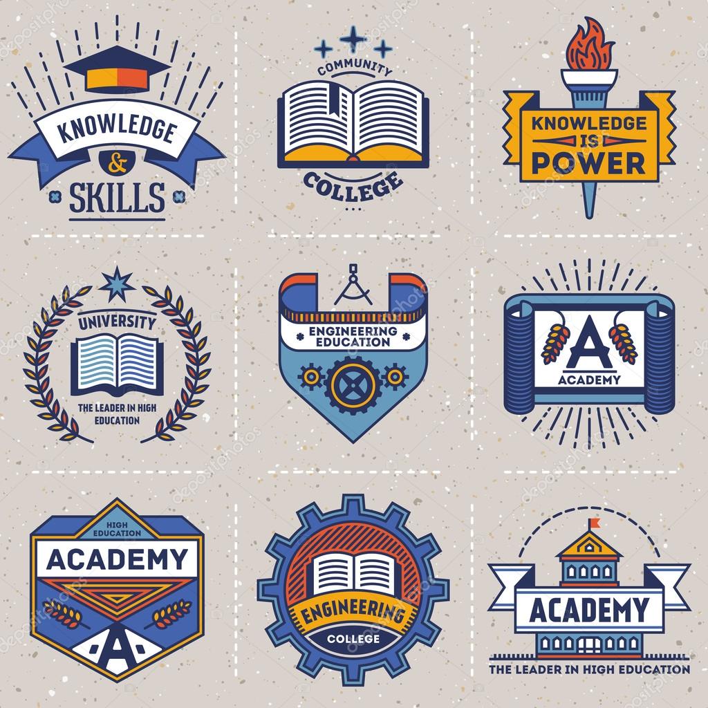 Color retro design insignias high education logotypes set . Vector vintage elements. Cardboard texture.