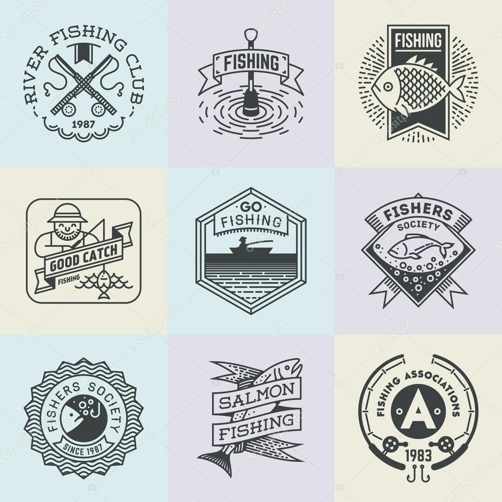 Fishing Retro Design Insignias Logotypes Set . Vector Elements Illustrations.