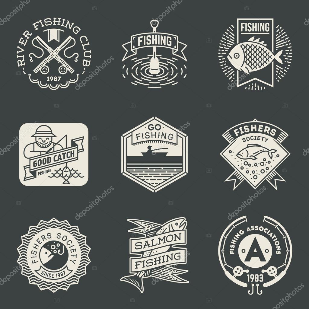 Fishing Assorted Retro Design Insignias Logotypes Set . Vector Elements Illustrations.