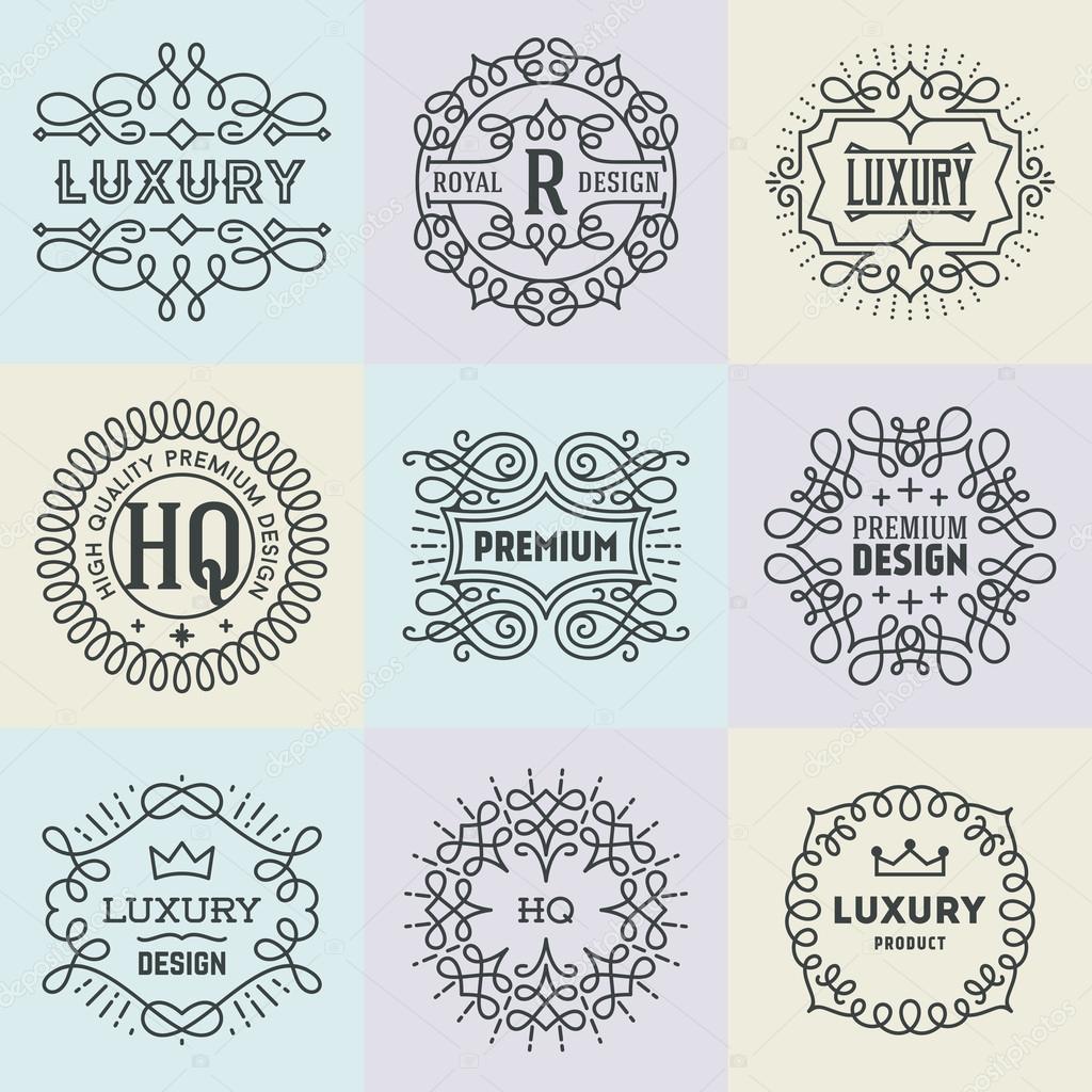 Assorted Retro Design Luxury Insignias Logotypes Template Set. Line Art Vector Vintage Style Victorian Swash Elements. Elegant Geometric Shiny Floral Frames.