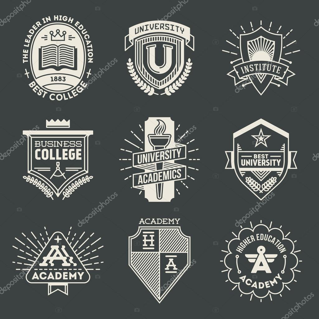 Assorted retro design insignias high education logotypes set . Vector vintage elements.