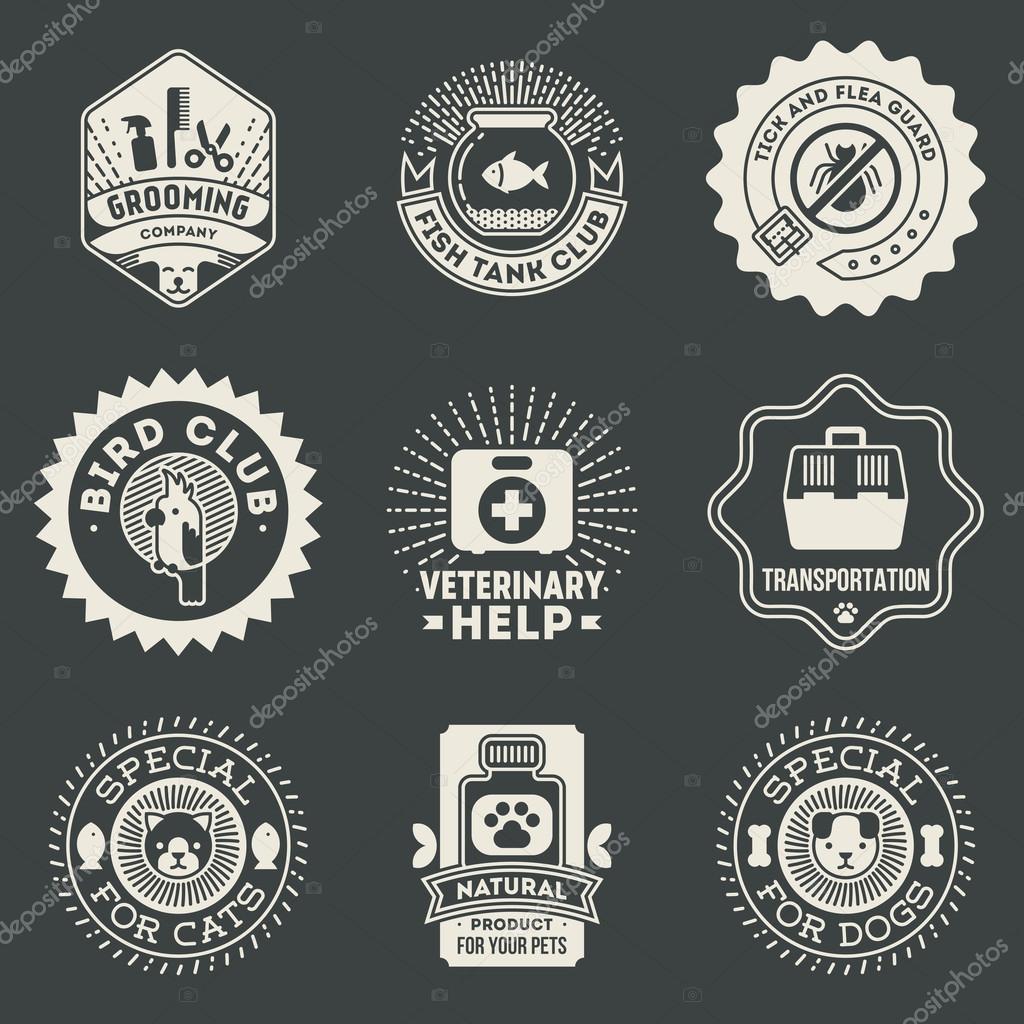 Pet Veterinary Insignias Logotypes Template Set. Line Art Vector Elements.