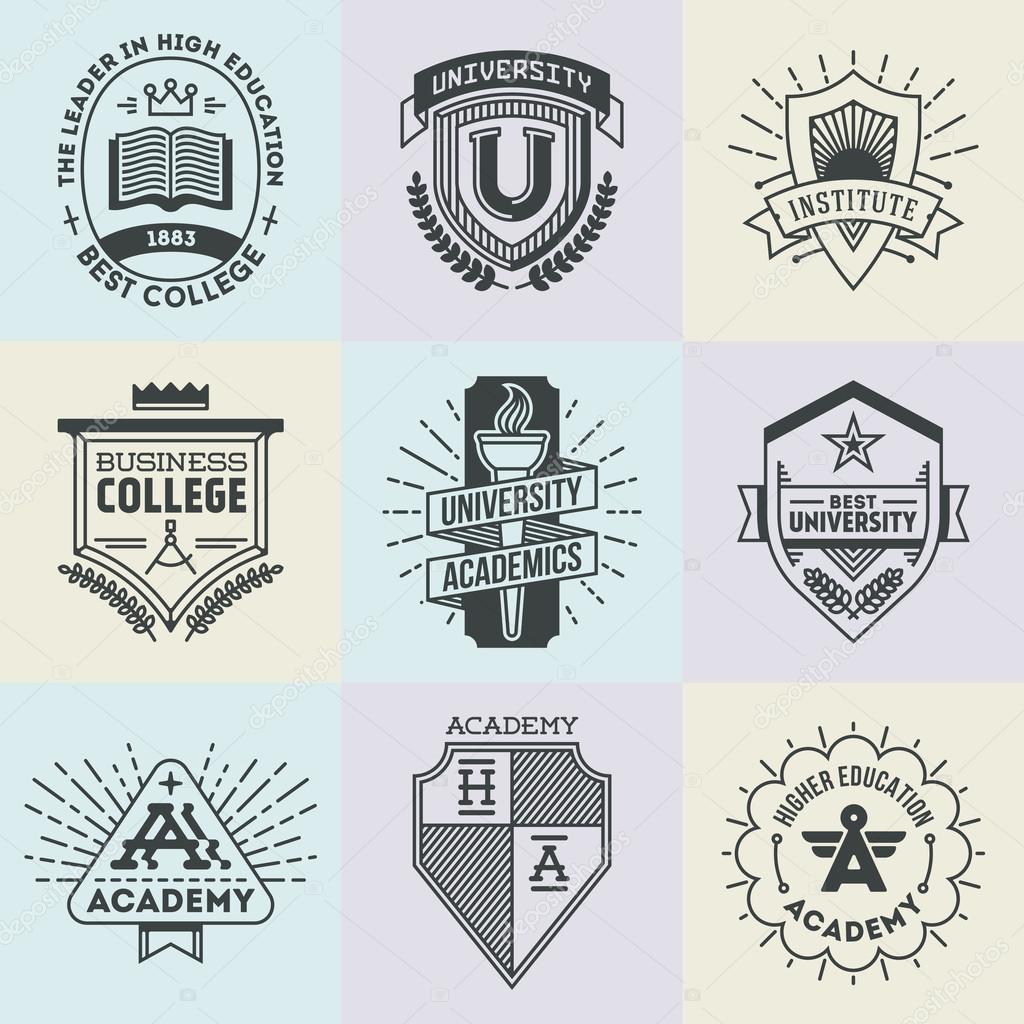 Assorted retro design insignias high education logotypes set . Vector vintage elements.