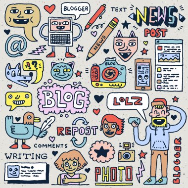 Bloglama doodle süslü tuhaf seti