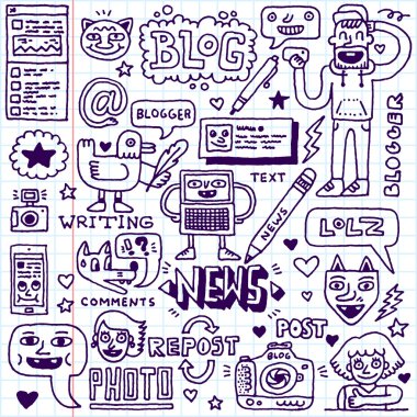 Bloglama doodle süslü tuhaf seti