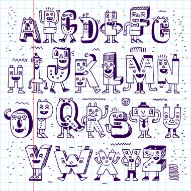 Fantastik alfabe doodle seti