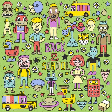 School characters color doodle set clipart