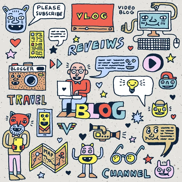 Blogging doodle fantasia conjunto maluco —  Vetores de Stock