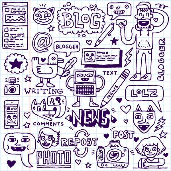 Blogging doodle fantasía loco conjunto — Vector de stock